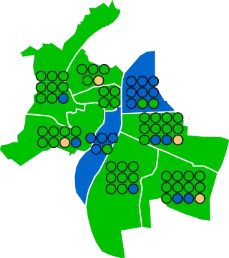 Liste en tête et sièges attribués au conseil municipal dans chaque arrondissement au second tour.