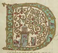 Une lettrine du Sacramentaire de Drogon, manuscrit carolingien, vers 845-855.