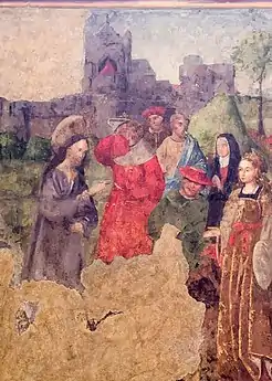 Peinture avec des parties manquantes représentant une jeune femme entourée de six personnages, dont l'un est Jésus