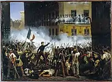 Hippolyte Lecomte, Combat de la rue de Rohan le 29 juillet 1830 : au centre de la peinture, un polytechnicien en Grand Uniforme.