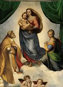  Peinture d'une Vierge à l'Enfant habillée de robe rouge, manteau bleu foncé et encadrée par les pans du rideau d'un dais en haut et sur les bords gauche et droit du tableau.