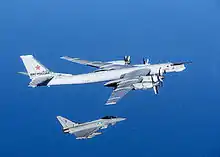 A No. 6 Squadron Eurofighter Typhoon FGR4 intercepts a Russian Air Force Tupolev Tu-95 'Bear'.