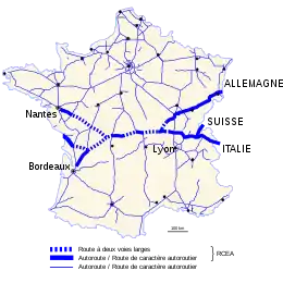 Carte de France des autoroutes et routes de type autoroutier mettant en évidence les branches de la RCEA