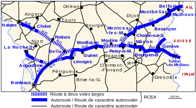 Carte détaillée du tracé de la route Centre-Europe Atlantique