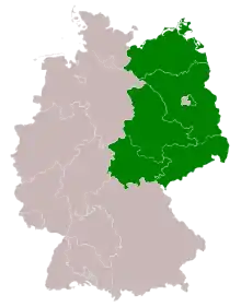 En vert : la République démocratique allemande et ses Länder jusqu'en 1952.