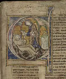 page de manuscrit abîmée avec enluminure à dominante bleue