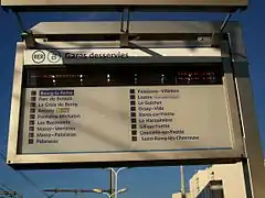 Exemple de panneau annonçant la direction et les arrêts desservis par les trains du RER B en gare de Bourg-la-Reine