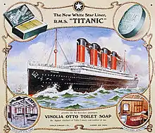 Publicité du savon Vinolia présentant un dessin coloré du Titanic.