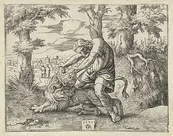 G5. Samson tue le lion à mains nues, signée : 1549/CMA.