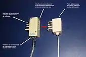 Photographie commentée des raccordements effectués avec un filtre ADSL sous la forme d'une prise en T.