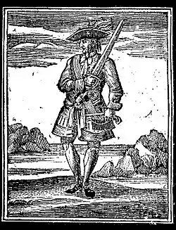 Gravure en noir et blanc d'un pirate.