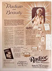 Publicité pour des cosmétiques avec du radium (1918).