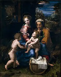 Peinture d'une femme assise sur les genoux d'une autre et tenant dans les bras un bébé que tend les siens vers un enfant debout devant lui.