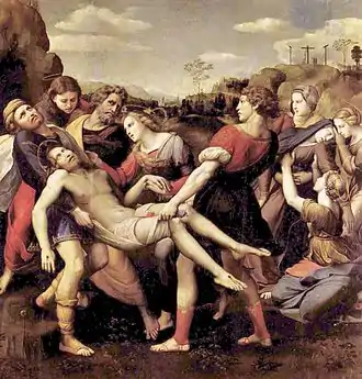 Tableau en couleur, 4 hommes portent le corps du Christ, une femme s'approche, 4 femmes à droite expriment leur chagrin.
