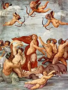 Image d'une peinture avec en haut trois anges prêts décocher des flèches à femme dénudée située au centre sur le bas, entourées de divers personnages en mouvement.