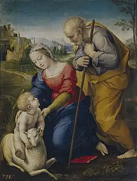 Peinture d'un groupe formé d'un homme debout appuyé sur un bâton regardant une femme à genou, penchée vers un enfant auréolé chevauchant un agneau au sol.