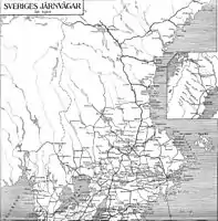 Lignes de chemin de fer dans le nord de la Suède en 1910. On voit très bien la ligne principale distante des côtes, et reliée aux villes côtières par des lignes secondaires.