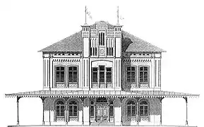 Gare de Nordstemmen (de), bâtiment sud de la gare destiné au roi, dessin de C. W. Hase, 1853