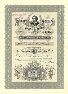 Certificat de fondateur du Raimund Theater-Verein à Vienne de 400 florins, émis en décembre 1893, avec portrait du dramaturge Ferdinand Raimund