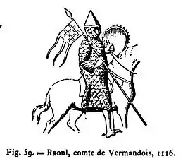 Fig.3 : DA no 1010 : sceau équestre de Raoul Ier de Vermandois, au gonfanon orné d'un échiqueté, daté de 1135 et non 1116, reproduit dans M. Pastoureau, daté également de 1135.