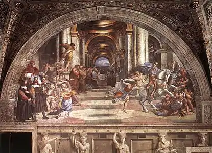 Image à fresque sous un arc architectural, à gauche, le pape assiste comme témoin à la scène du haut de la sedia gestatoria dont le porteur, à gauche, a les traits de Marcantonio Raimondi et  Raphaël représenté sous le trait du porteur de droite.