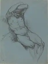 Homme nu assis avec les mains croisées derrière la tête, dessin à la craie noire sur papier vergé bleu (n. d., National Gallery of Art, Washington, D.C.).