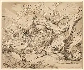 Orlando sauve Oliver du Lion, dessin à la plume, encre brune et lavis brun sur graphite sur papier vergé de 1789 (National Gallery of Art, Washington, D.C.).