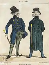 Portraits « réellement frappants » de Ratapoil et son comparse Casmajou. Lithographie d'Honoré Daumier, Le Charivari, 11 octobre 1850.