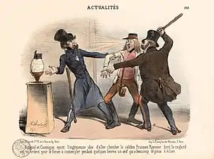 Ratapoil et Casmajou ayant l'ingénieuse idée d'aller chercher le célèbre Prussien Royomir dont le regard est si ardent pour le forcer à contempler pendant quelques heures un œuf qui a beaucoup de peine à éclore (Charles Vernier, 1851).