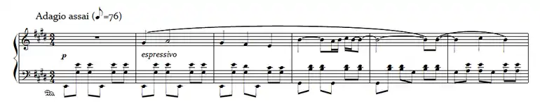 Six premières mesures du second mouvement du Concerto en sol de Ravel.