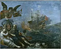  Le 9 octobre 1627, Claude de Razilly ravitaille l'île de Ré prête à se rendre, en soutenant seul le feu de toute l'escadre anglaise. En souvenir de ce fait d'armes, Louis XIII lui fit don de ce tableau dans lequel Neptune et Amphitrite sont représentés sous ses traits et ceux de sa femme Perrine Gaultier.