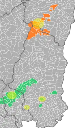Carte des communes françaises d'Alsace et limitrophes.