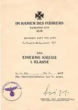 Exemple de document (daté du 14 février 1945) officialisant l'attribution d'une croix de fer de 1re classe.