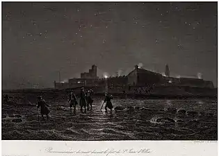 Reconnaissance de nuit devant le fort de Saint-Jean d'Ulloa par le prince de Joinville, 26 novembre 1838, gravure d'après Couveley.