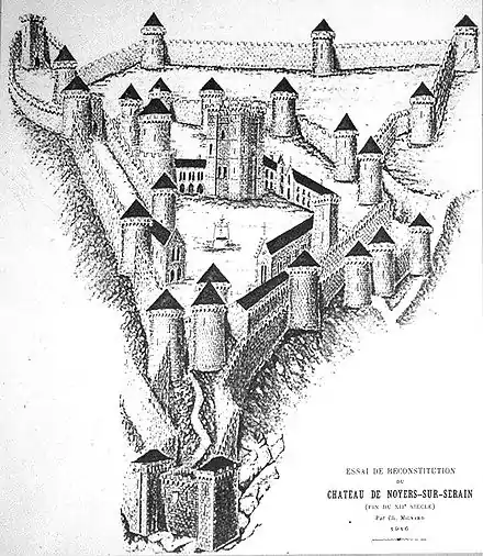 Dessin en noir et blanc d'un château-fort médiéval entouré de nombreuses tours.