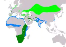 Carte montrant en vert foncé notamment le sud et l'est de l'Afrique et la côte atlantique, en vert clair, l'Asie centrale et les côtes du nord de l'Europe, en bleu l'Afrique du Nord et l'Inde.