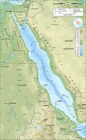 Carte de la mer Rouge avec les monts Sarawat le long de sa côte est dont les montagnes de Hedjaz forment la partie nord.