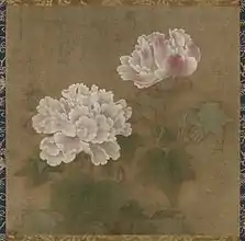 Fleurs d'hibiscus rose (avec Fleurs d'hibiscus blanc ensemble de deux peintures : Caprice de femme) Li Di, 1197. Song du Sud. Encre et couleurs sur soie, H. 25,5 cm. Musée national de Tokyo.
