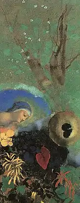 Peinture représentant des éléments végétaux au sein desquels émerge la tête de la Vierge semblable au dessin de Léonard de Vinci.