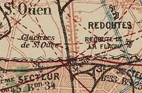 Redoute de la Flache, 1870, sur la plaine d'Aubervilliers. Carte de l'investissement de Paris. E Chéron.