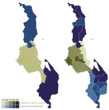 Carte des résultats du référendum de 1993 sur le système politique malawite, d'abord par région, puis par district.