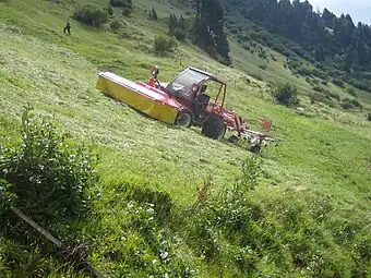 Fauchage et fanage simultanés avec un tracteur adapté à la montagne