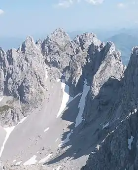 Vue de la Regalmspitze (au centre) depuis le nord-ouest.