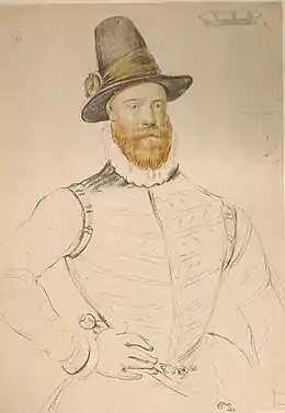 Buste d’un homme barbu en costume du XVIe siècle, de face. Seuls, le visage et le haut chapeau sont finalisés et mis en couleur. Le buste est esquissé.