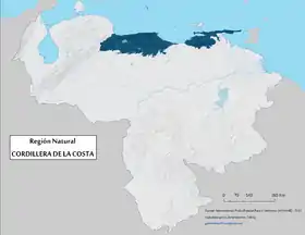 Carte topographique du Venezuela avec la cordillère de la Costa au nord du pays, le long de la côte de la mer des Caraïbes.