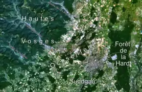 Vue satellite de la région mulhousienne avec le Florival (Vallée de la Lauch) en haut à gauche, Landsat 7, NASA