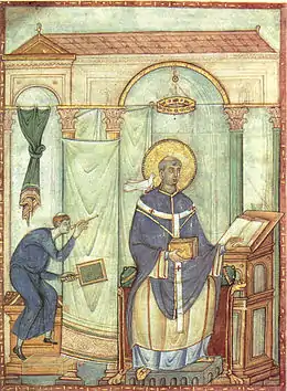 Saint Grégoire écrivant sous l'inspiration de la colombe du Saint-Esprit (Registrum Gregorii, Xe siècle).