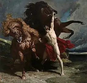 peinture avec un mec à poil qui tient deux chevaux