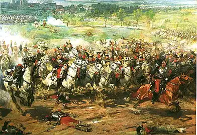 La charge des cuirassiers à la Bataille de Frœschwiller-Wœrth, en août 1870, immortalisée dans Reichshoffen de Aimé Morot, château de Versailles.