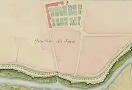 Extrait plan des remparts avec croix du jard chiffre 4. Abbaye des Longault en chiffre 3.